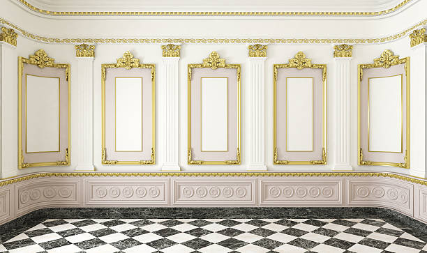 classic style room with golden details 3d scene of a classic style room with golden moldings and marble floor palace stock pictures, royalty-free photos & images