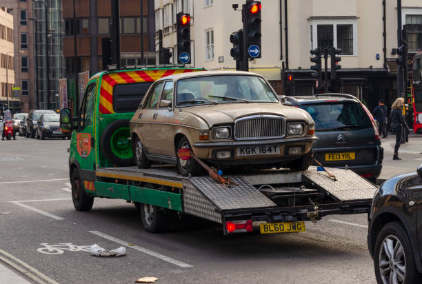 A classic Vanden Plas motor car being transported stock photo
