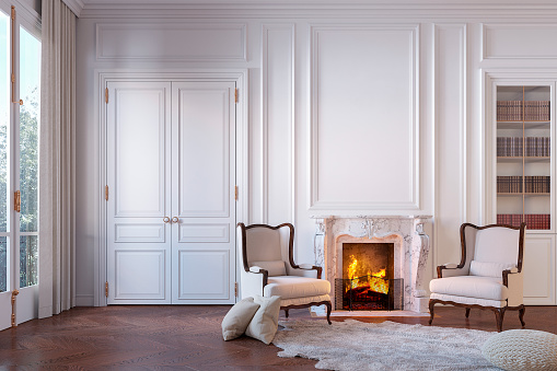 Classic white interior with fireplace, armchairs, carpet, moldings, wall pannel. 3d render illustration mock up.