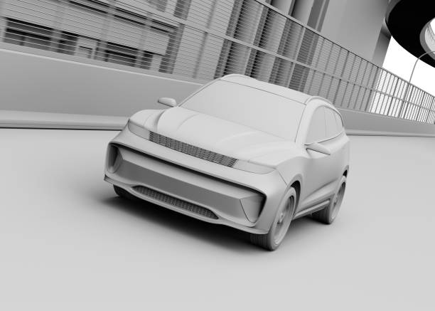 Clay rendering of electric SUV driving on the highway stock photo