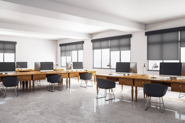 Clean concrete coworking office interior Clean concrete coworking office interior. Workplace and design concept. 3D Rendering roller blinds stock pictures, royalty-free photos & images