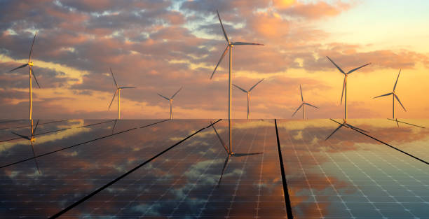 クリーンエネルギー構想、太陽光発電パネル、風力発電 - 風力発電 ストックフォトと画像