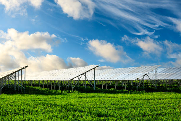 Clean solar panels and beautiful natural landscape stock photo