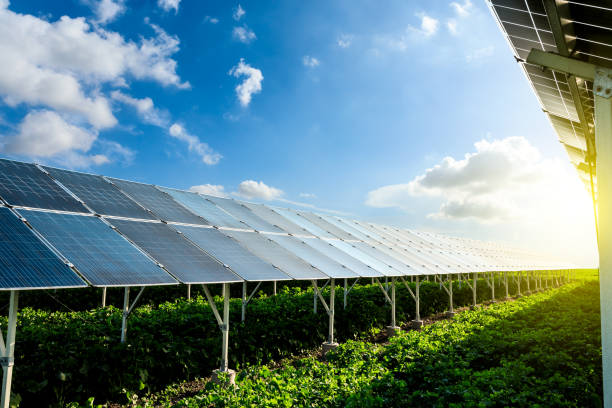 Clean solar panels and beautiful natural landscape stock photo