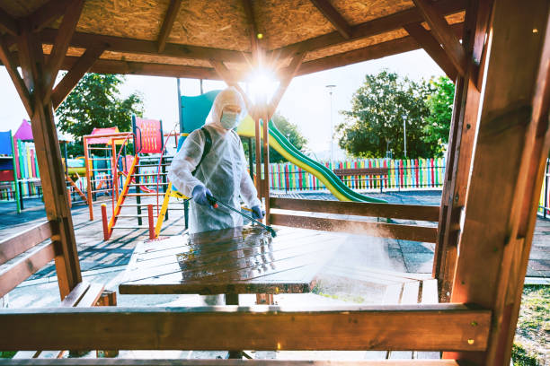 Cleaning and disinfecting in a playground park due to Coronavirus pandemic Cleaning and disinfecting in a playground park due to Coronavirus pandemic. Service staff doing disinfection. New normal. gazebo cleaning stock pictures, royalty-free photos & images