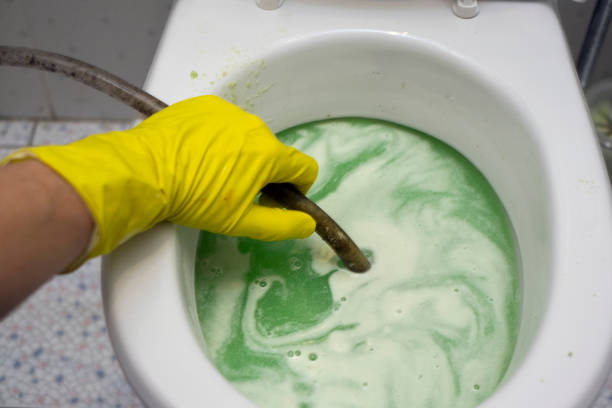 cleaning clogged toilet stock photo
