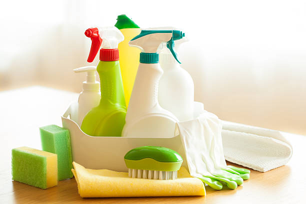 cleaning items household spray brush sponge glove stock photo