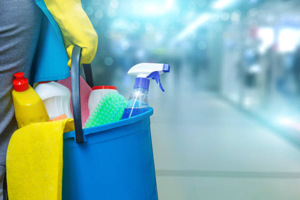 Cleaning lady with a bucket and cleaning products . Cleaning lady with a bucket and cleaning products on blurred background . professional cleaning stock pictures, royalty-free photos & images