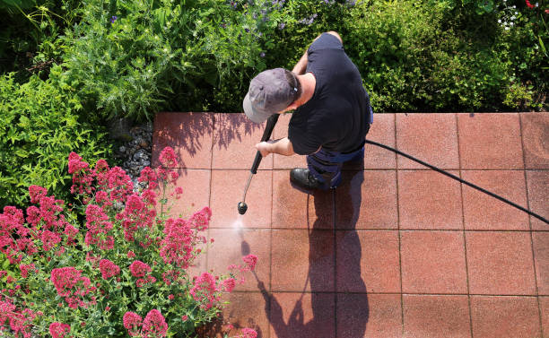 Cleaning stone slabs with the high-pressure cleaner stock photo