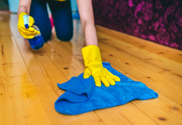 Cleaning wooden floor Woman with protective gloves wiping parquet floor wooden floor cleaning stock pictures, royalty-free photos & images