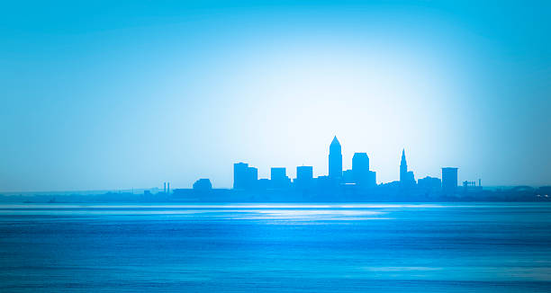 Cleveland Waterfront Skyline from the Western Shore of Lake Erie stock photo