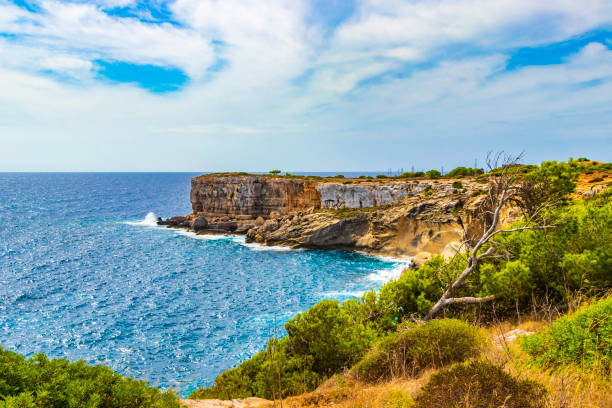 Cliffs bay landscape panorama Parc natural de Mondragó Mallorca Spain. stock photo
