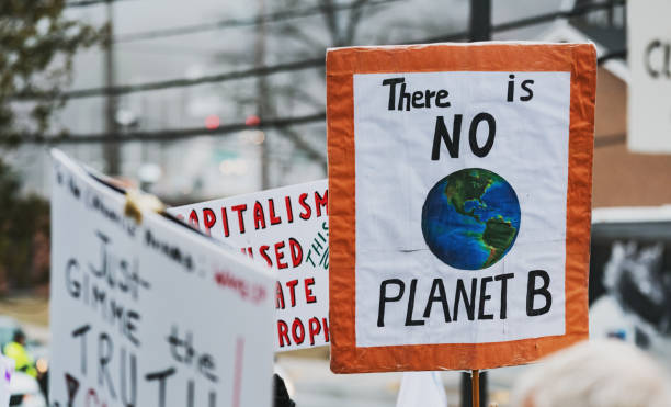 Climate Change Protest Climate change protestors hold their placards high. climate stock pictures, royalty-free photos & images