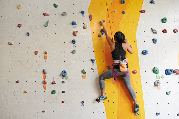 Climbing Athletic woman climbing indoors, view from the back climbing stock pictures, royalty-free photos & images