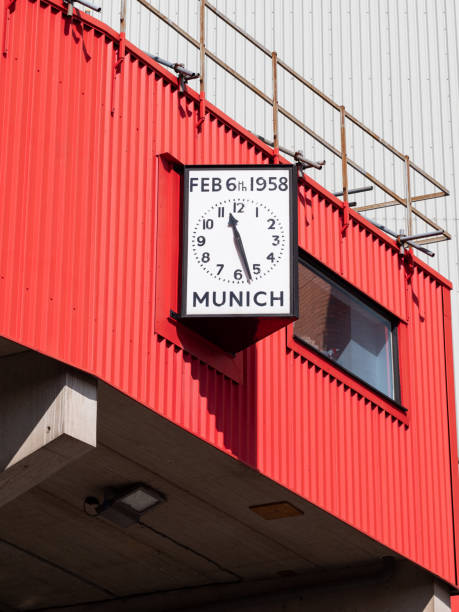 Clock for Munich air Crash Old Trafford football ground Manchester Manchester UK April 2022 Manchester United Old Trafford football ground and Munich air disaster clock Manchester United stock pictures, royalty-free photos & images