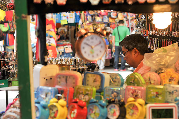 Clock Shop at Street Market in Hong Kong stock photo