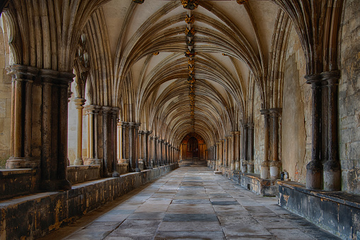 An HDR image of the exterior cloisters at a cathedral in Norwich