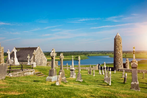 Clonmacnoise Cathedral  with the typical crosses and graves stock photo