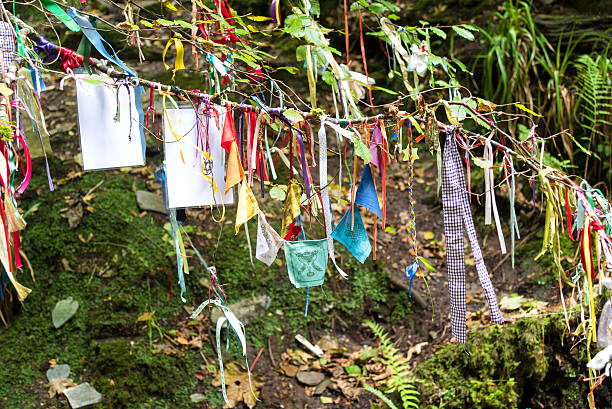 Clootie Well Clootie Tree at St Nectans Glenn near Tintagel in north Cornwall. Clootie Wells are places of pilgrimage in Celtic areas. Strips of cloth or rags are tied to a branch as part of a healing ritual. thomas wells stock pictures, royalty-free photos & images
