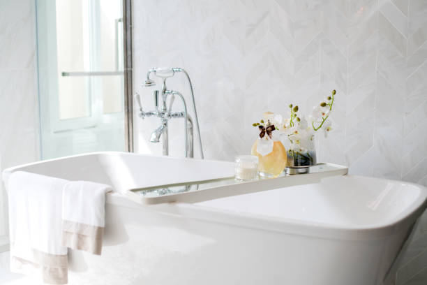 close up chrome faucet shower bath tub room  interior design close up chrome faucet shower bath tub room  interior design bathtub stock pictures, royalty-free photos & images