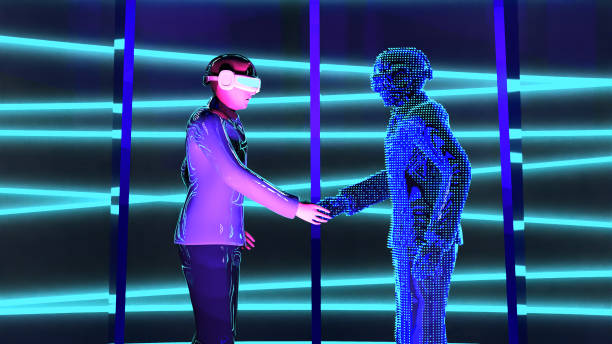 close up man wear virtual glasses is shaking hand with hologram graphic in cyberspace area  , futuristic communication scifi concept. 3d rendering picture. - vr meeting stockfoto's en -beelden