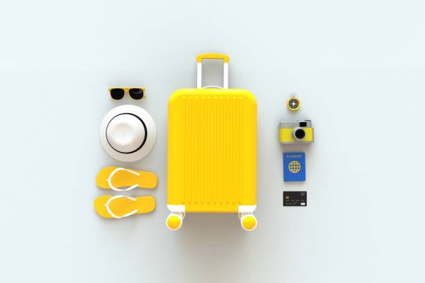 Close up modern yellow suitcases bag with traveler accessories on white background. Travel concept. Vacation trip. Copy space. Minimal style. 3D rendering illustration stock photo