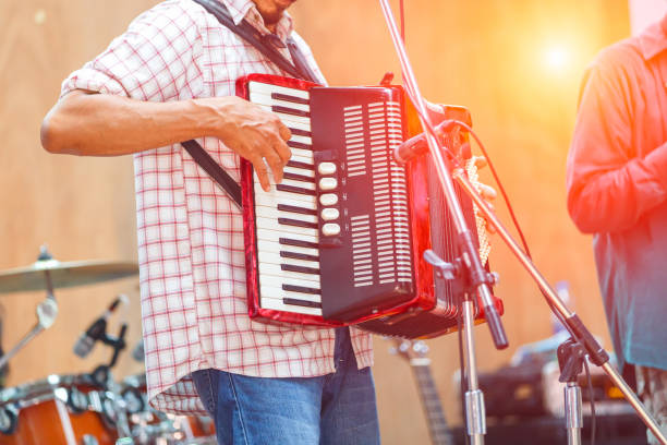 Close up musicians are playing accordion on stage stock photo