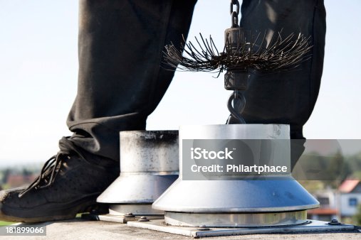 istock close up of a chimney sweep on the roof 181899066