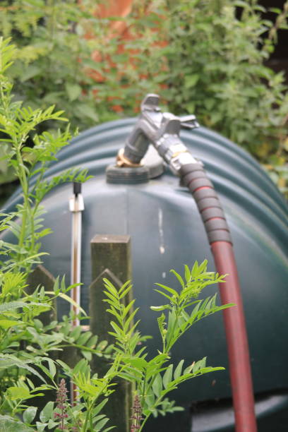 Close up of a domestic oil tank being refilled stock photo