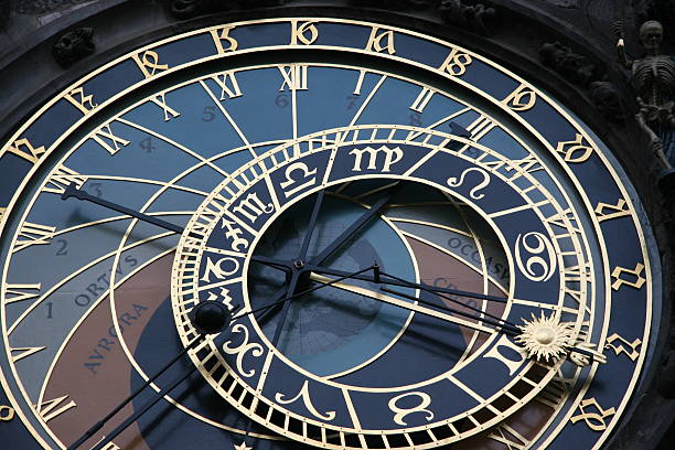 Close up of a large astronomical clock stock photo