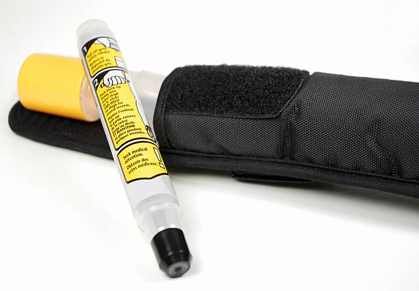 Close up of an epinephrine injector for allergic reactions Close up on epipen with is transport case.Medication for persons who have allergy or anaphylactic crisis. adrenaline stock pictures, royalty-free photos & images