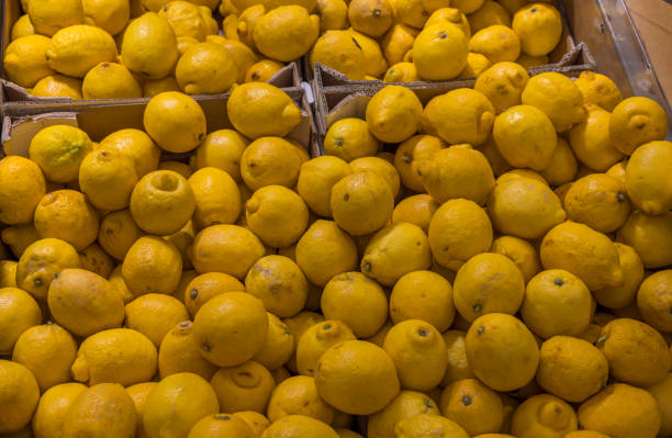 Close up of an isolated lemons on shelf in store. Healthy food concept. Sweden. stock photo