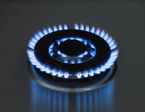 Close up of blue flame. Gas kitchen. stock photo
