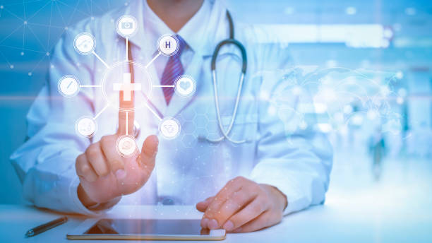 close up of doctor is touching digital virtual screen for analytics medical data , medical technology concept - medicine imagens e fotografias de stock