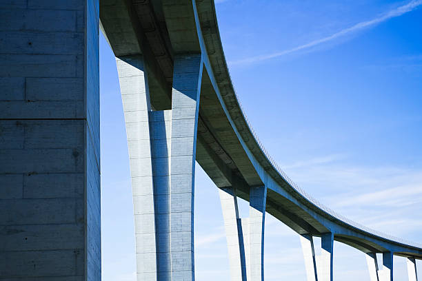 Close up of highway viaduct in front of a clear blue sky under the highway viaduct bridge built structure stock pictures, royalty-free photos & images