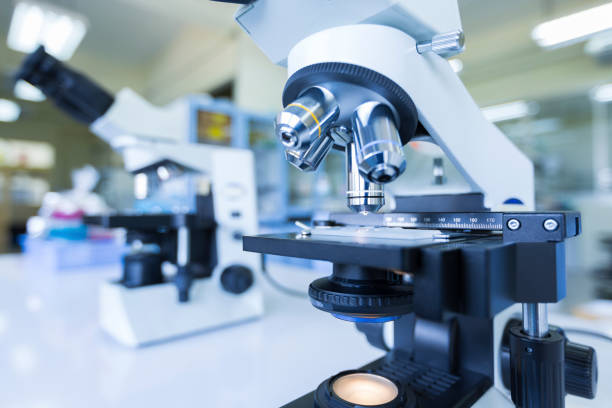 Close up of microscope at the blood laboratory, Concept Science and Technology stock photo