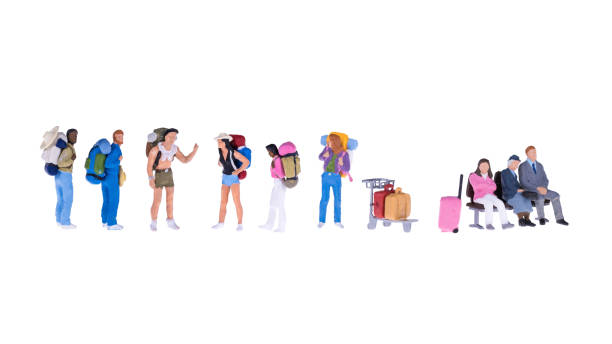Close up of Miniature backpacker and tourist people Close up of Miniature backpacker and tourist people isolate on white background. Elegant Design with copy space for placement your text, mock up for travel concept figurine stock pictures, royalty-free photos & images