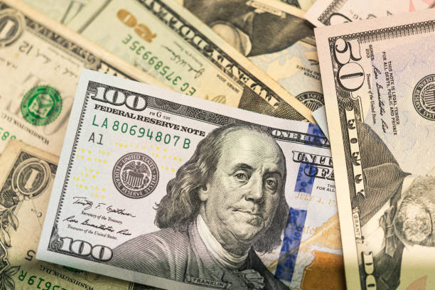 close up of USA banknotes, 100 us dollar note, 50 us dollar notes, 20 us dollar notes stock photo