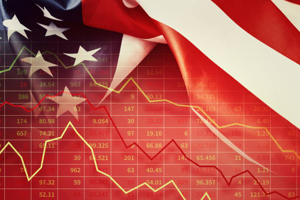 Close up of waving national usa american flag on a dark background with copy space. Concept of  4th of July or Memorial Day Global economic and financial crisis concept. Stock market charts and american flag recession stock pictures, royalty-free photos & images