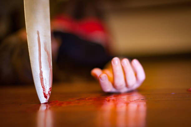 Close up on a bloody knife planted on a wooden floor, a killing scene stock photo