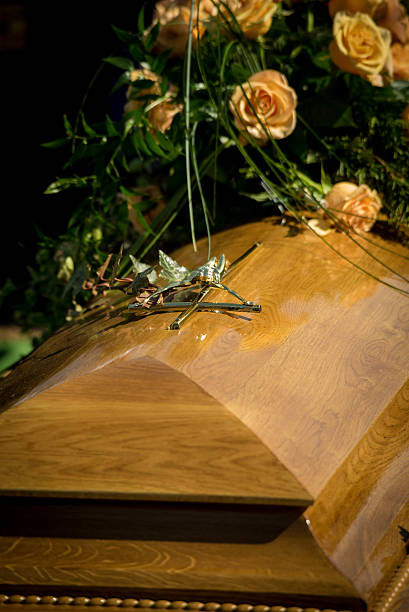 Close up on coffin during sunny day stock photo