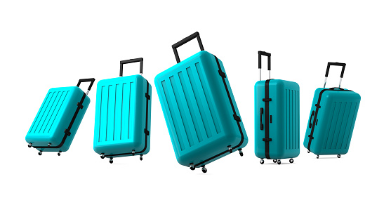 3D rendering, Close up set of blue green suitcases mock up with difference side, isolated on white background.