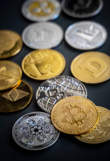 Close up shot of alt coins cryptocurrency, No people stock photo