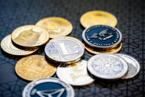 Close up shot of alt coins cryptocurrency, No people stock photo