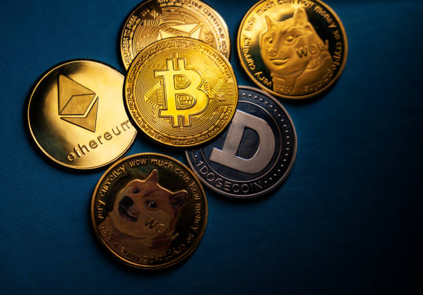 Close up shot of Bitcoin and alt coins cryptocurrency stock photo