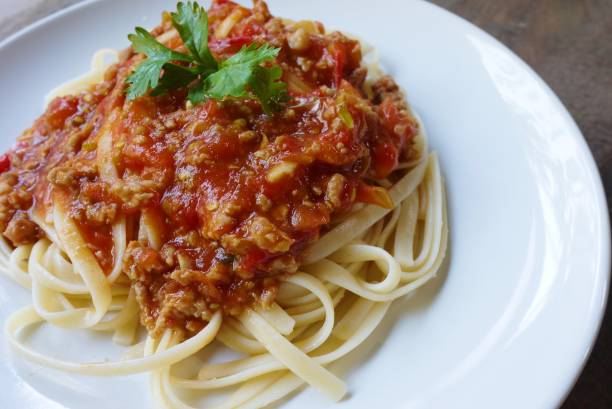 Close up spaghetti  tomato sauce . stock photo