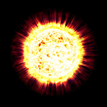 Close up view of a burning sun in space. Fiery planet. Hot planet. The Sun from space showing all they beauty. Extremely sun. Coronary Emissions and Prominences on the Sun in Space. 3D illustration.