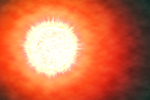 Close up view of a burning sun in space. Fiery planet. Hot planet. . Sun in space . The Sun from space showing all they beauty. Extremely. fiery planet. hot planet. 3D illustration.