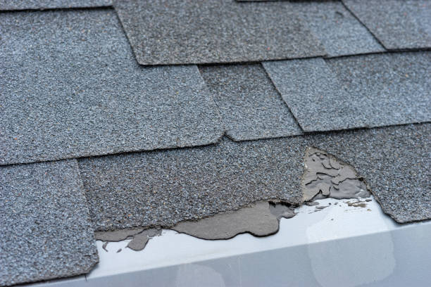 Close up view of bitumen shingles roof damage that needs repair. stock photo