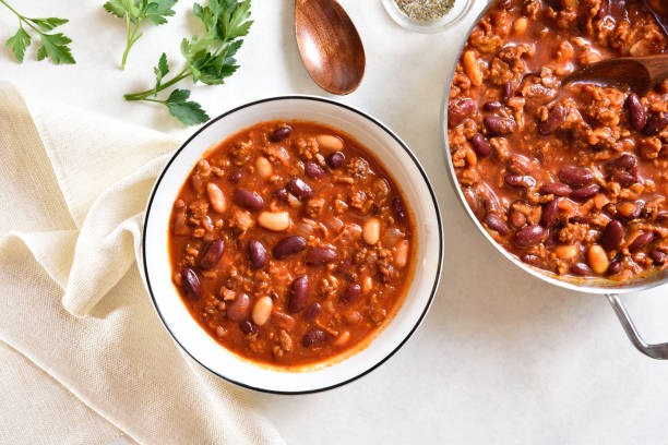 Close up view of cowboy beans with ground beef stock photo
